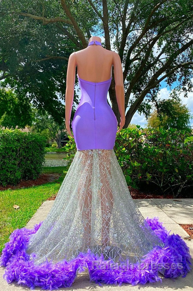 Mermaid High Neck Floor-length Sleeveless Open Back Appliques Lace Beaded Prom Dress With Feather Secondary image