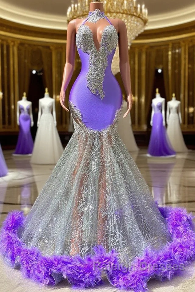 Mermaid High Neck Floor-length Sleeveless Open Back Appliques Lace Beaded Prom Dress With Feather Main image