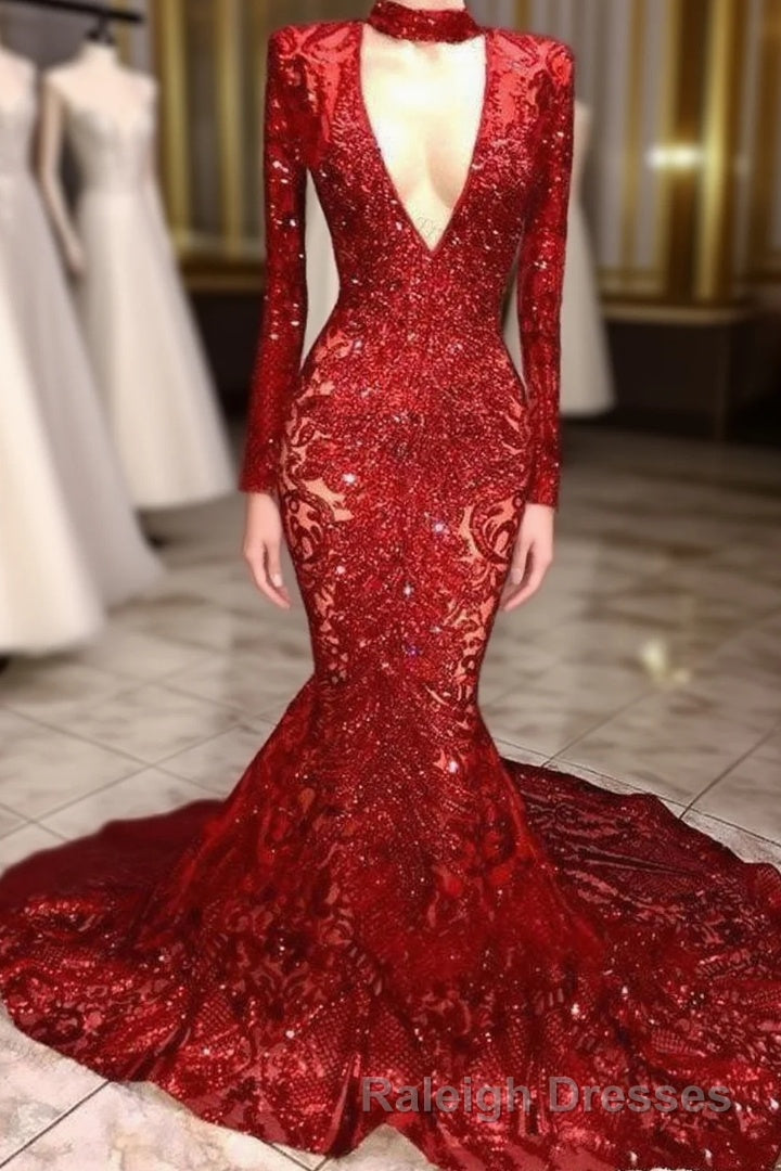 Mermaid High Neck Long Sleeves Prom Dresses