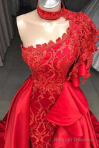 Mermaid High Neck One Shoulder Floor Length Half Sleeve Appliques Lace With Side Train Prom Dress