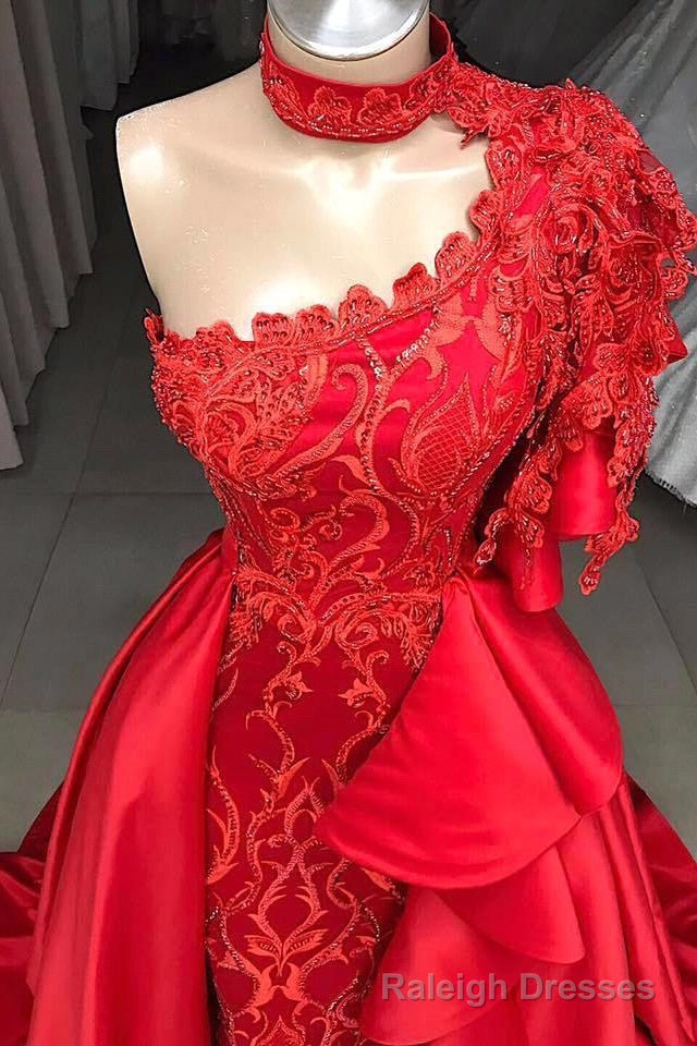 Mermaid High Neck One Shoulder Floor Length Half Sleeve Appliques Lace With Side Train Prom Dress