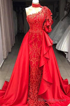 Mermaid High Neck One Shoulder Floor Length Half Sleeve Appliques Lace With Side Train Prom Dress