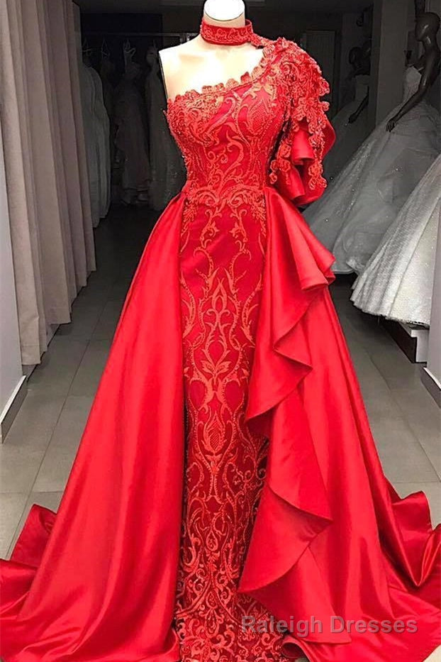Mermaid High Neck One Shoulder Floor Length Half Sleeve Appliques Lace With Side Train Prom Dress