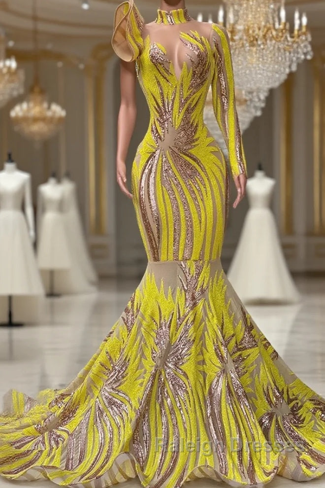 Mermaid High Neck One Shoulder Sequined Floor Length Long Sleeve Lace Prom Dresses Main image