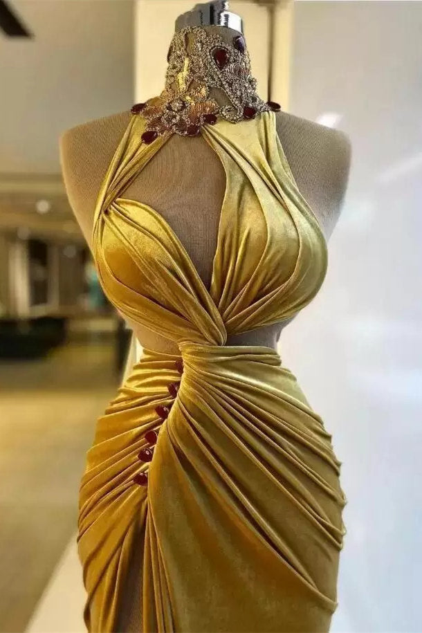Mermaid High Neck Ruffles Floor-Length Sleeveless Rhinestone High Split Prom Dress Secondary image