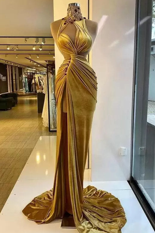 Mermaid High Neck Ruffles Floor-Length Sleeveless Rhinestone High Split Prom Dress Main image