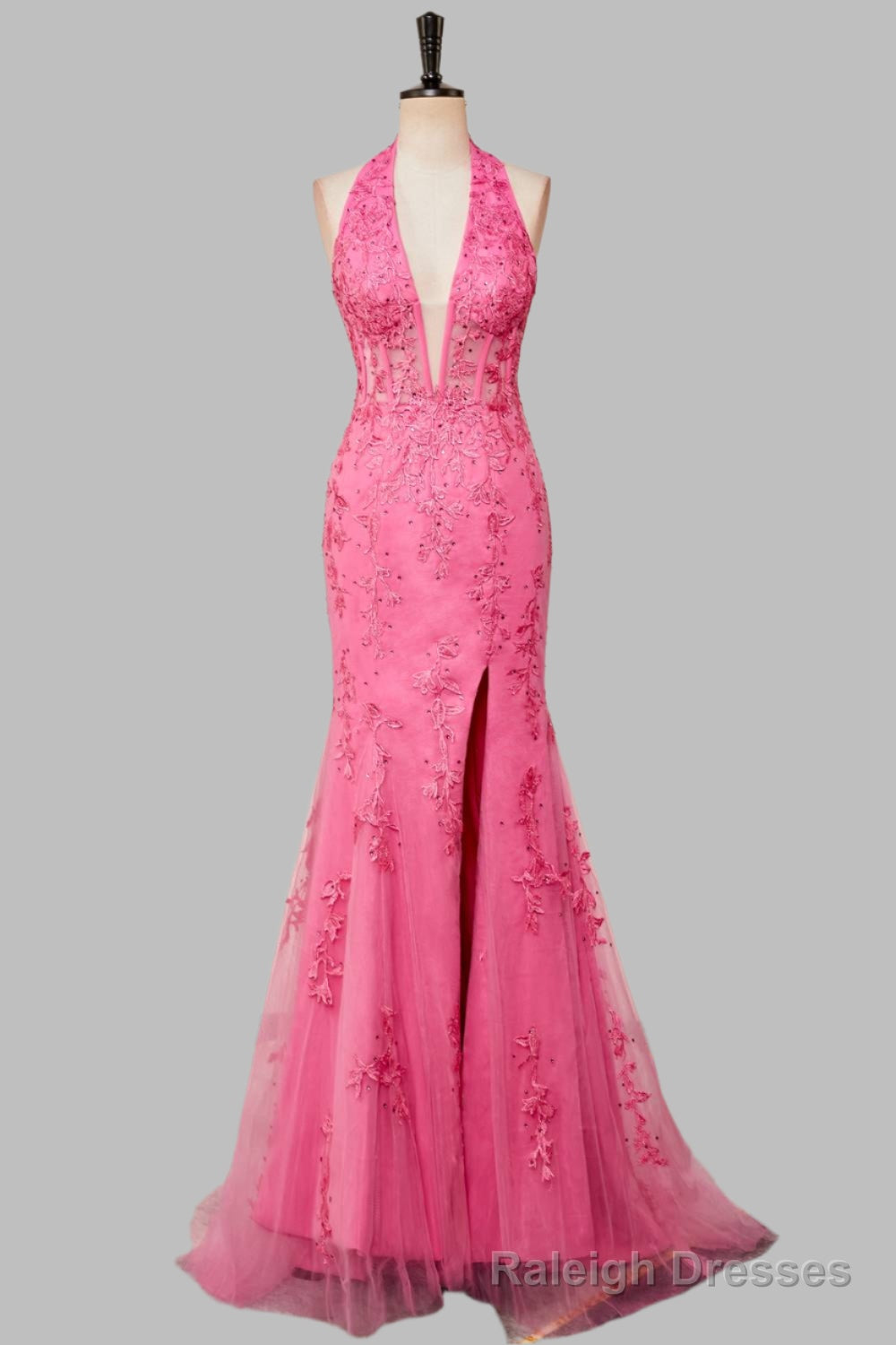 Mermaid Hot Pink Halter Appliques Long Prom Dress with Slit