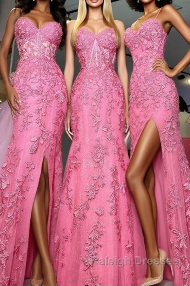 Mermaid Hot Pink Lace Long Prom Dress, Long Hot Pink Formal Graduation Evening Dress