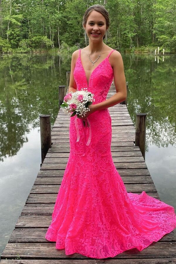 Trumpet Hot Pink V-Neck Lace Backless Sleeveless Long Prom Dresses Secondary image