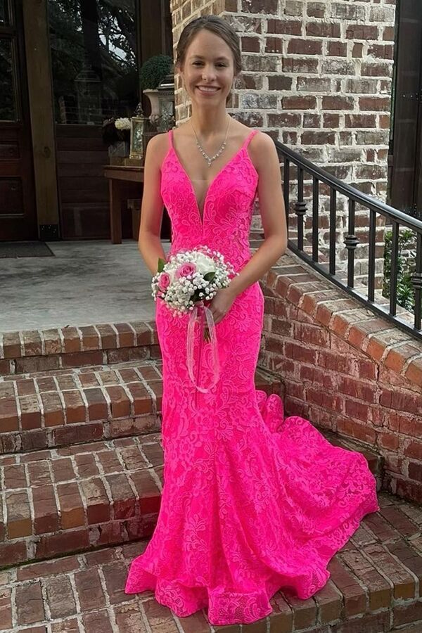 Trumpet Hot Pink V-Neck Lace Backless Sleeveless Long Prom Dresses Main image