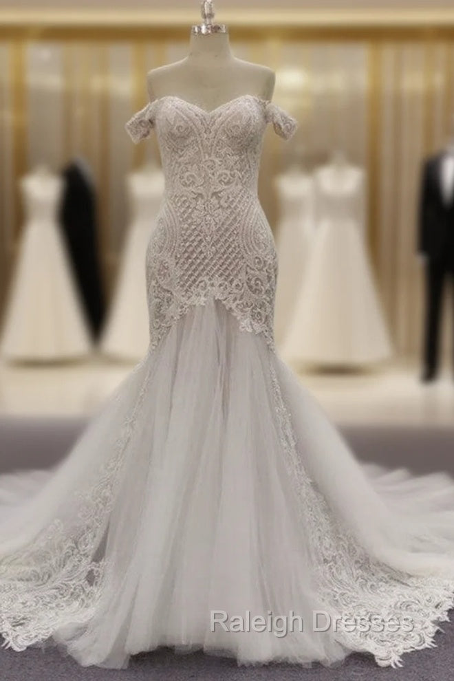 Mermaid Ivory Lace Embroidery Tulle Wedding Dress