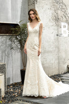 Mermaid Ivory V neck Lace Wedding Dresses with Ruffless Train