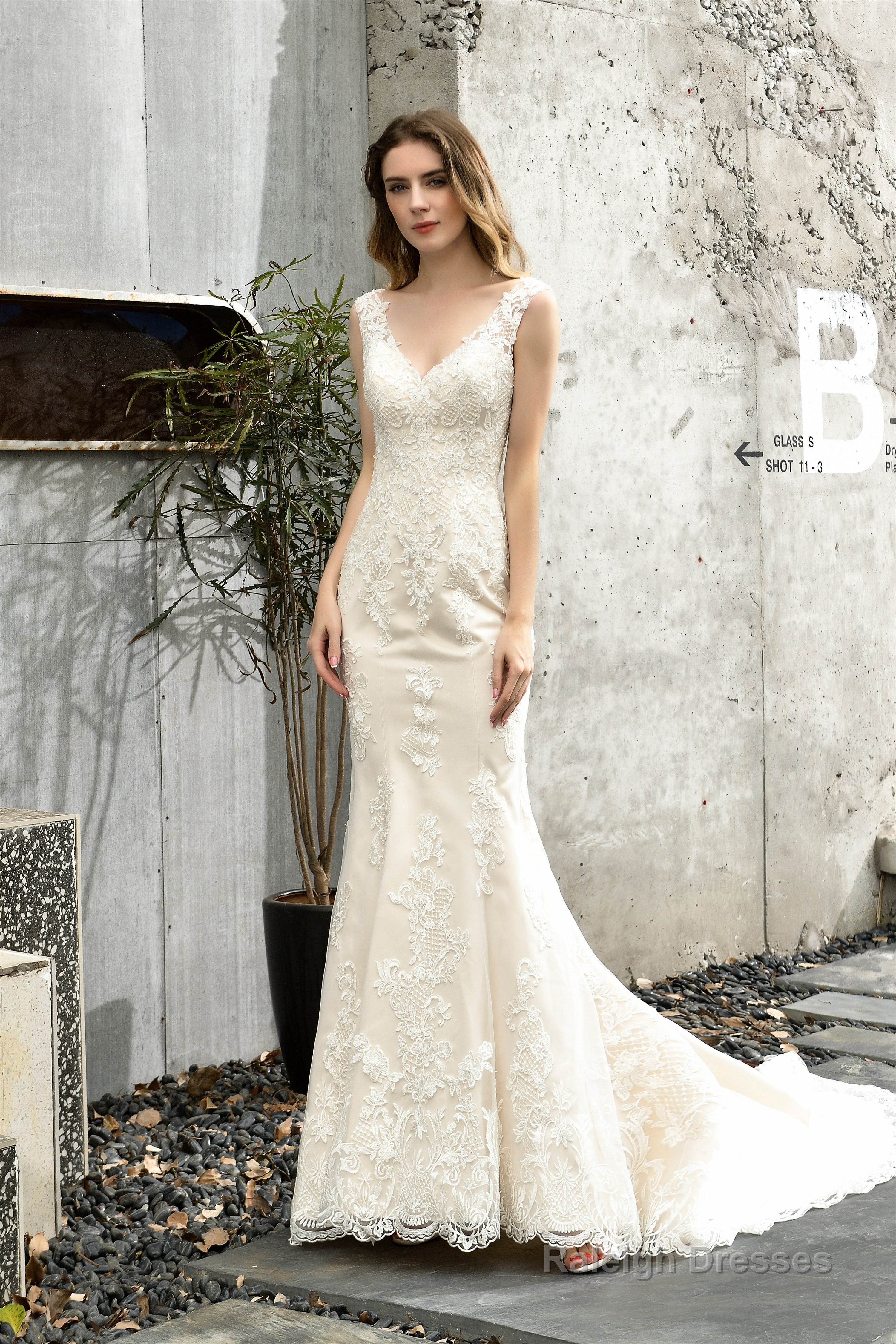Mermaid Ivory V neck Lace Wedding Dresses with Ruffless Train