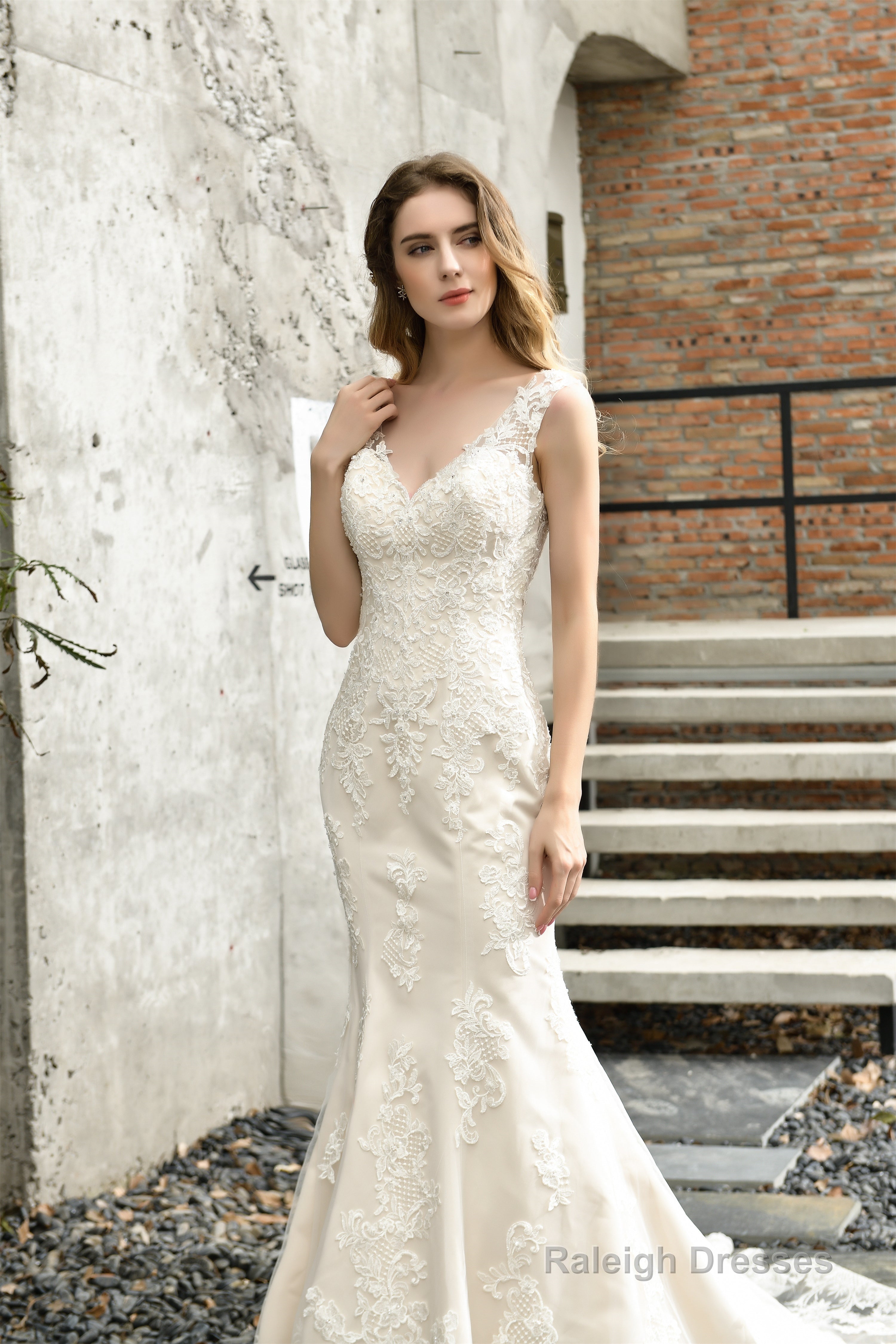 Mermaid Ivory V neck Lace Wedding Dresses with Ruffless Train