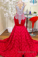 Mermaid Jewel Lace Sequined Applique Sleeveless Floor Length Prom Dresses
