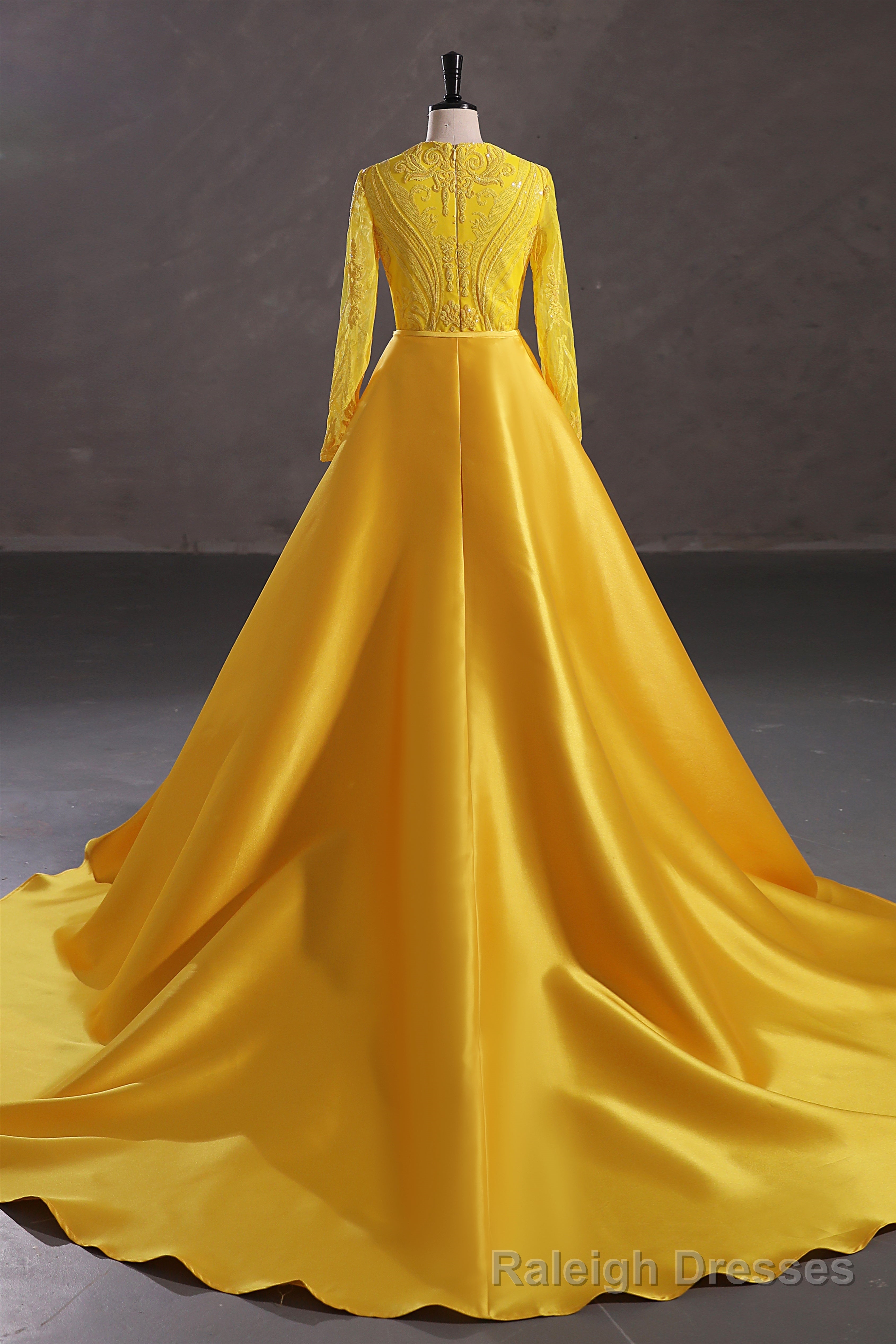 Mermaid Jewel Lace Sequined Floor Length Long Sleeve Detachable Train Elegant Prom Dress
