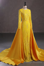 Mermaid Jewel Lace Sequined Floor-length Long Sleeve Detachable Train Elegant Prom Dress