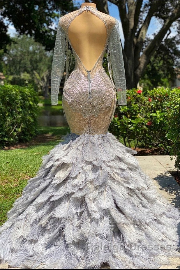 Mermaid Jewel Lace Sequined Open Back Floor Length Long Sleeve Lace Beading Prom Dresses With Feather Secondary image