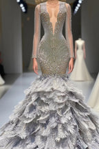 Mermaid Jewel Lace Sequined Open Back Floor-length Long Sleeve Lace Beading Prom Dress With Feather