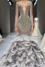 Mermaid Jewel Lace Sequined Open Back Floor Length Long Sleeve Lace Beading Prom Dresses With Feather
