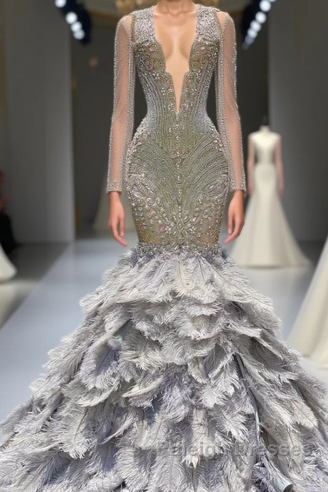 Mermaid Jewel Lace Sequined Open Back Floor Length Long Sleeve Lace Beading Prom Dresses With Feather