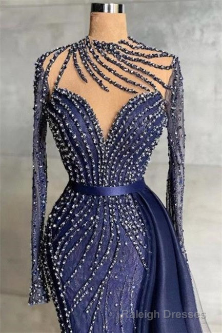 Mermaid Jewel With Side Train Floor Length Long Sleeve Beading Sequined Lace With Side Train Prom Dress Secondary image