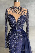 Mermaid Jewel With Side Train Floor Length Long Sleeve Beading Sequined Lace With Side Train Prom Dress