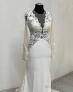 Mermaid Lace Embroidery Sheer Sleeve Open Back Wedding Dress