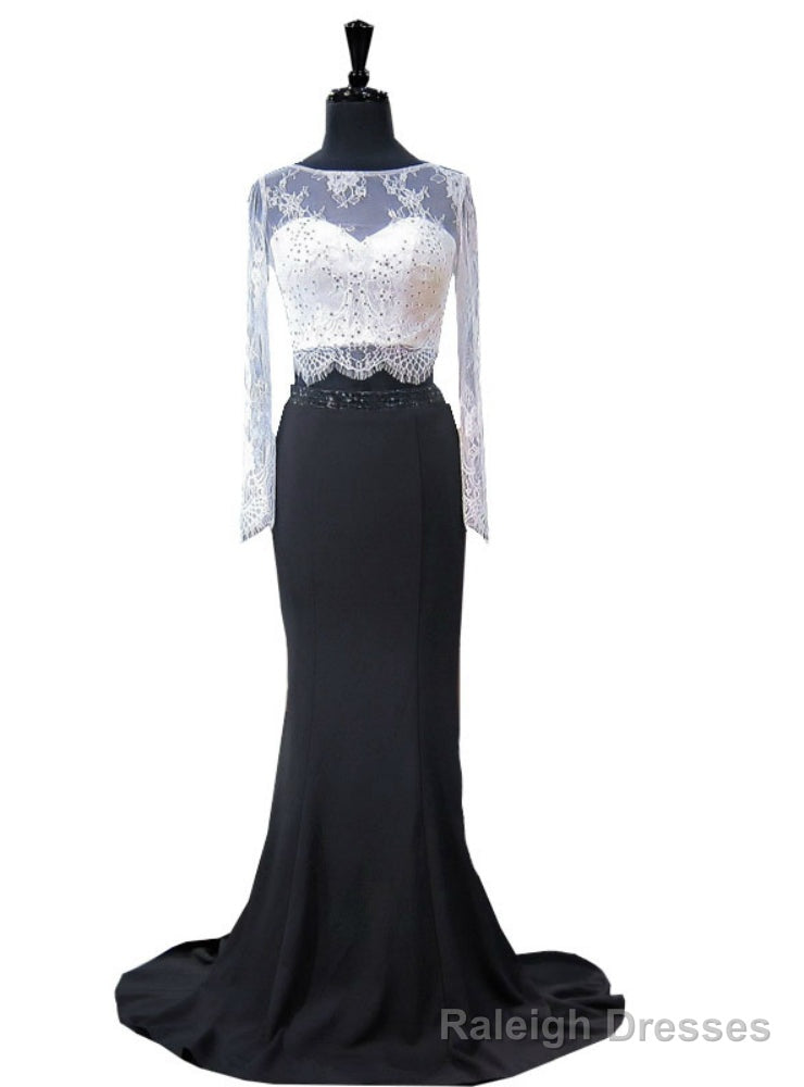 Mermaid Lace Long Sleeve Black And White Two Piece Prom Dress Main image