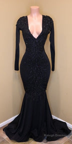 Mermaid Lace Sequins V Neck Long Sleeveless Black Prom Dress