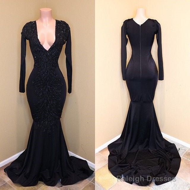 Mermaid Lace Sequins V Neck Long Sleeveless Black Prom Dresses