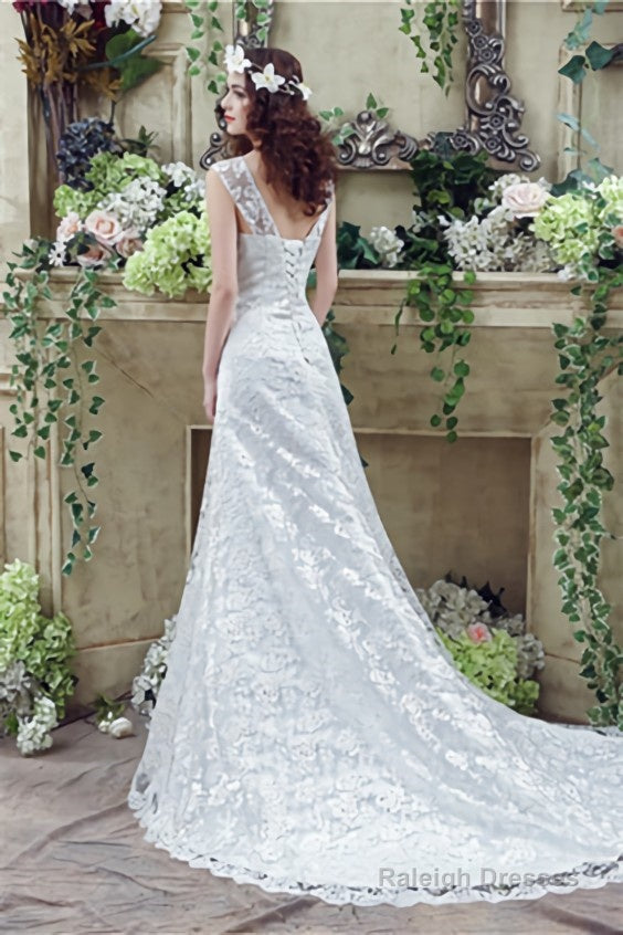 Mermaid Lace Sleeveless V-Neck Chapel Train Wedding Gowns