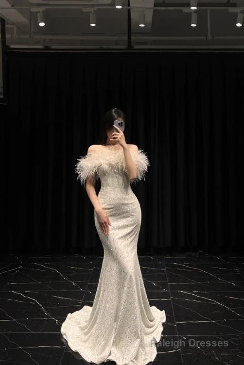 Mermaid Long Champagne Prom Dresses Sequin Off The Shoulder Prom Dresses With Feather Main image