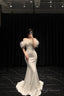 Mermaid Long Champagne Prom Dresses Sequin Off The Shoulder Prom Dresses With Feather