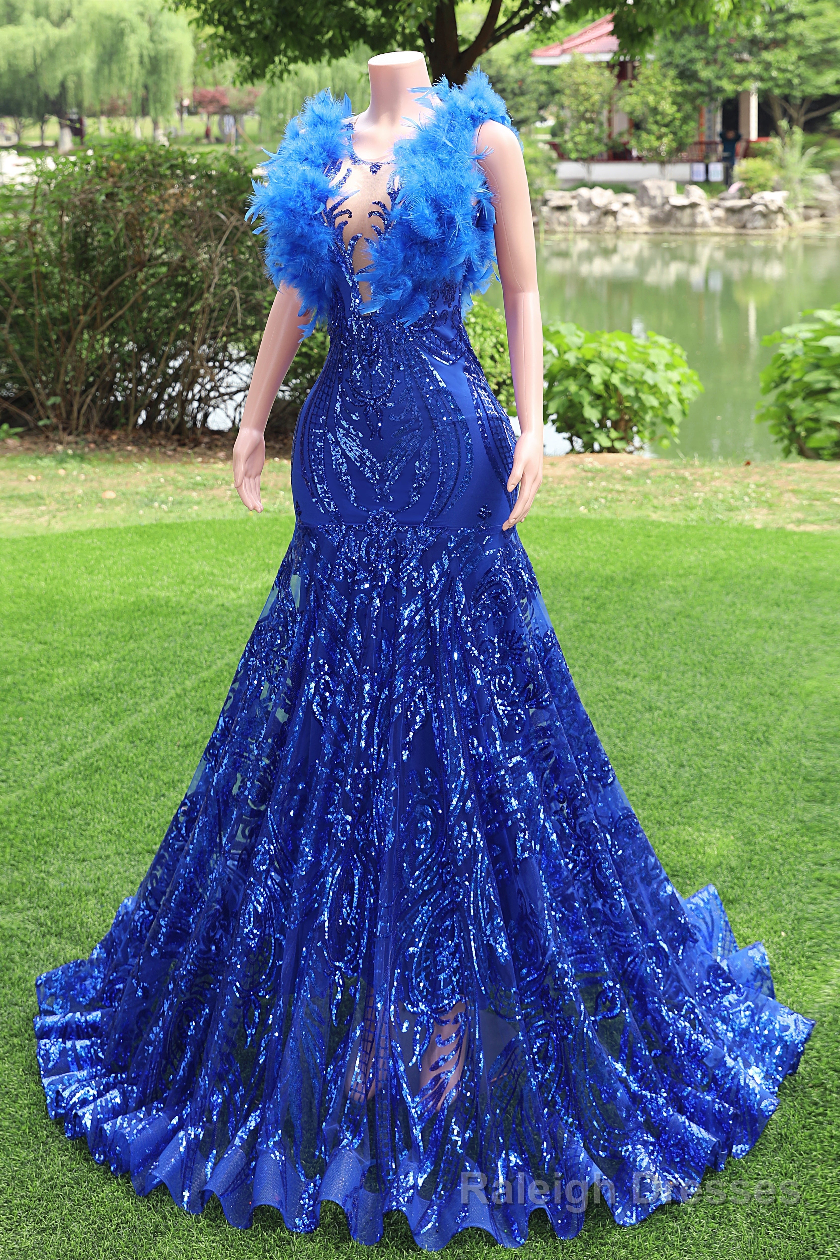 Mermaid Long Prom Dresses Sequin Royal Blue Evening Dresses Feather Sleeveless Secondary image