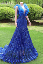 Mermaid Long Prom Dresses Sequin Royal Blue Prom Dresses Feather Sleeveless