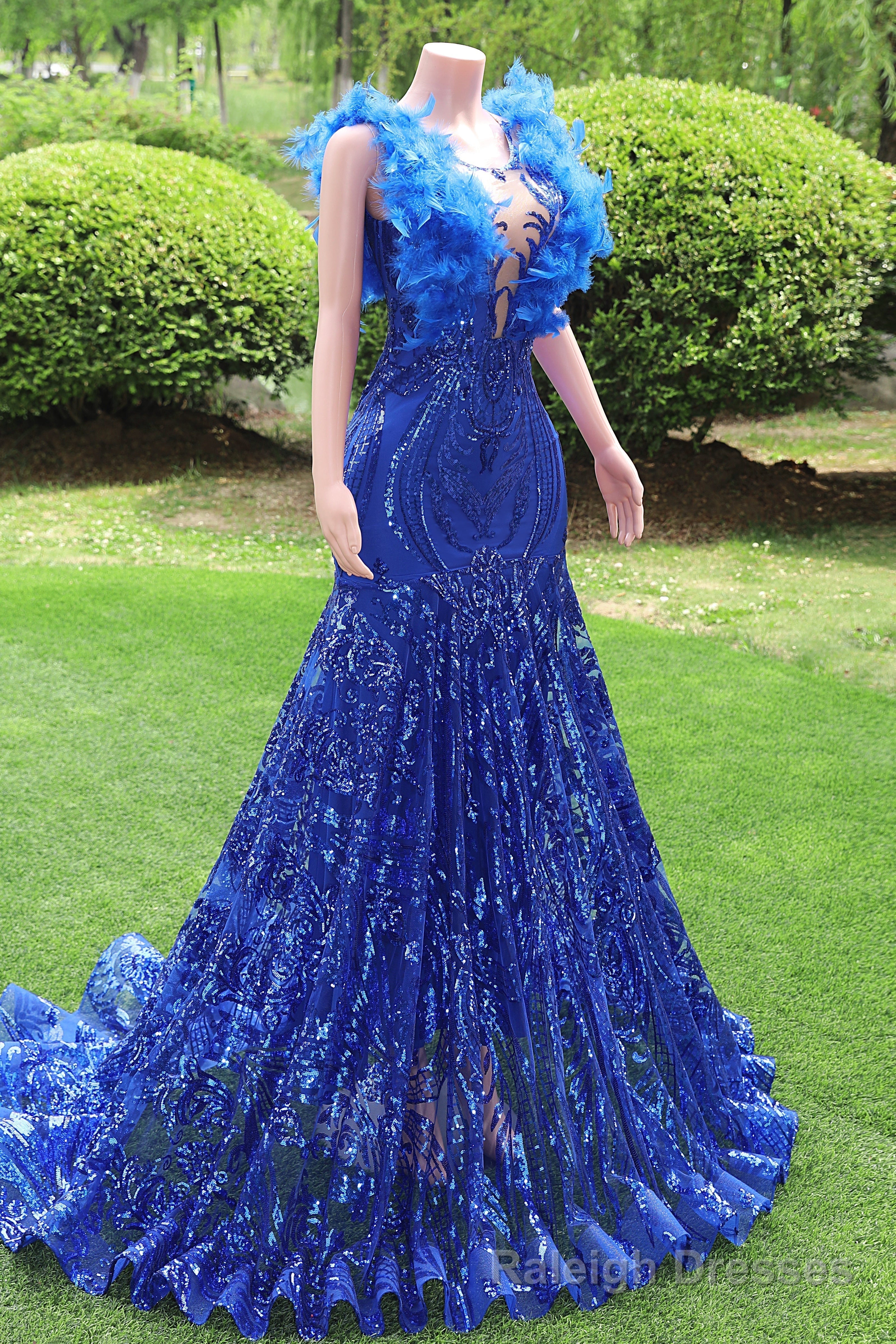 Mermaid Long Prom Dresses Sequin Royal Blue Prom Dresses Feather Sleeveless