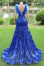 Mermaid Long Prom Dresses Sequin Royal Blue Evening Dresses Feather Sleeveless