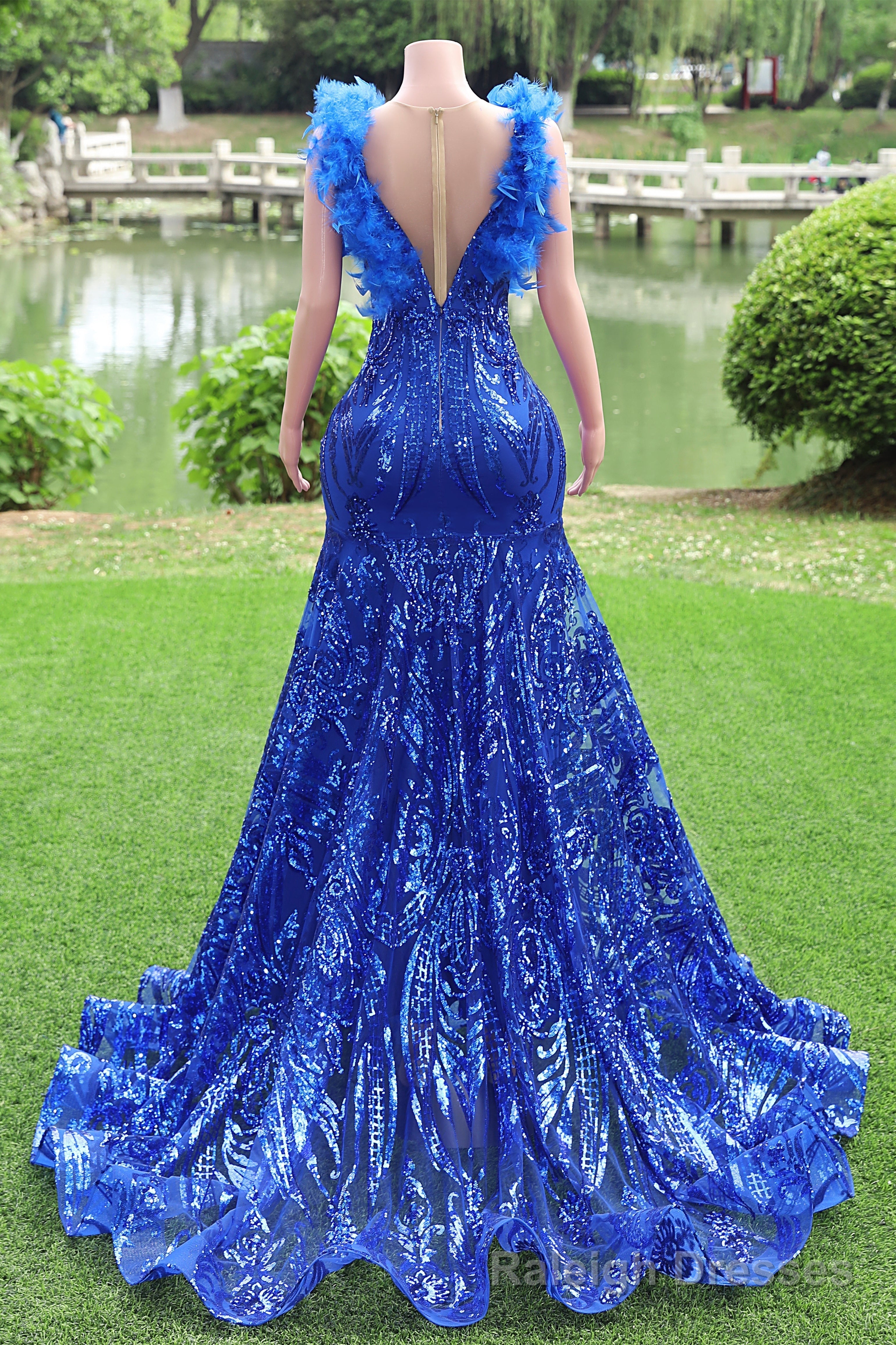 Mermaid Long Prom Dresses Sequin Royal Blue Evening Dresses Feather Sleeveless