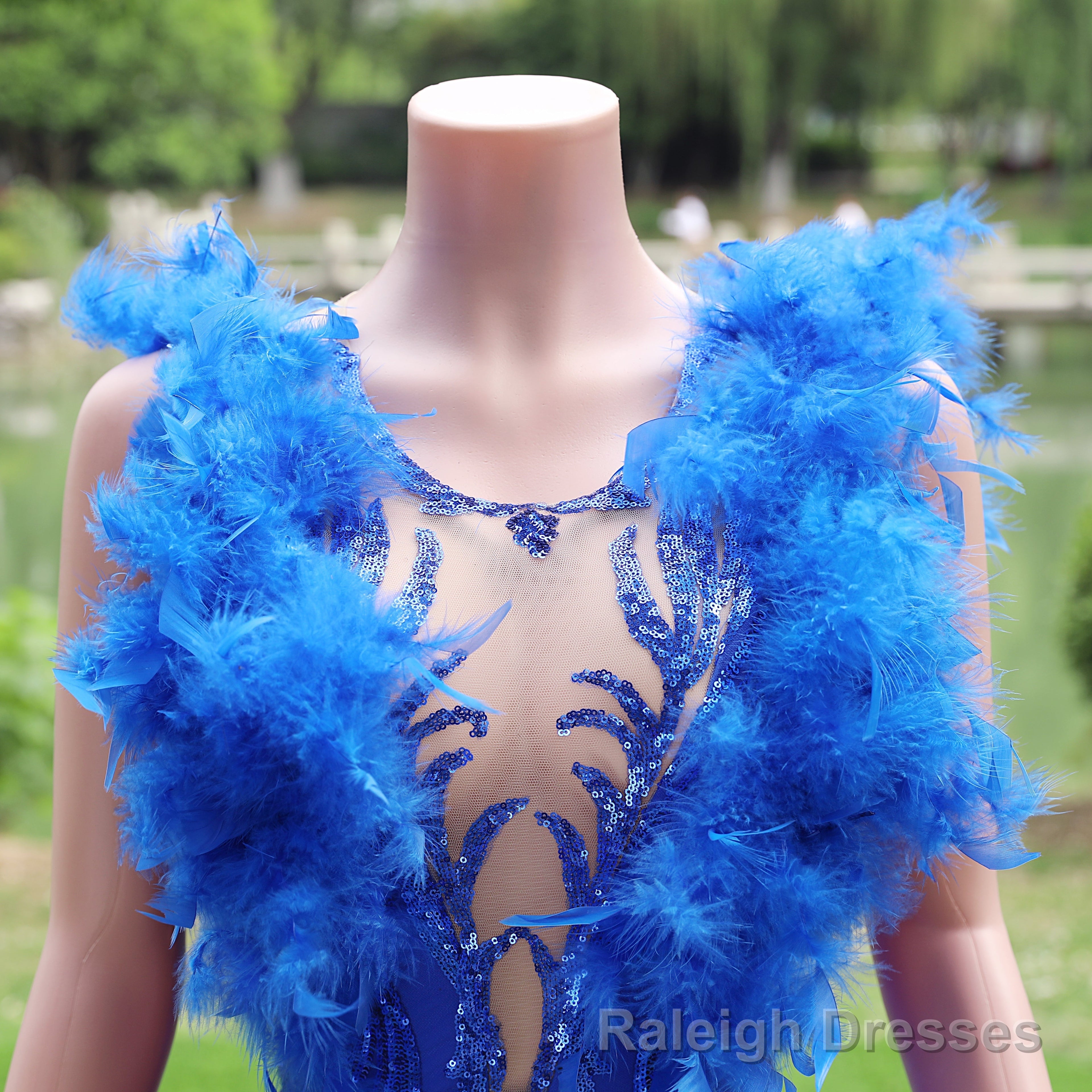 Mermaid Long Prom Dresses Sequin Royal Blue Evening Dresses Feather Sleeveless