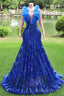 Mermaid Long Prom Dresses Sequin Royal Blue Prom Dresses Feather Sleeveless