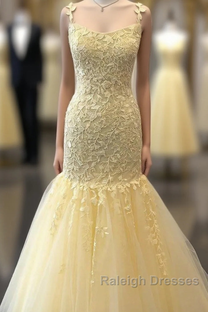 Mermaid Long Prom Dresses, Yellow Lace Prom Dresses, Modest Evening Party Dresses Main image