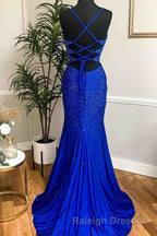 Mermaid Long Red Prom Dresses with Rhinestones Royal Blue Bodycon Dress