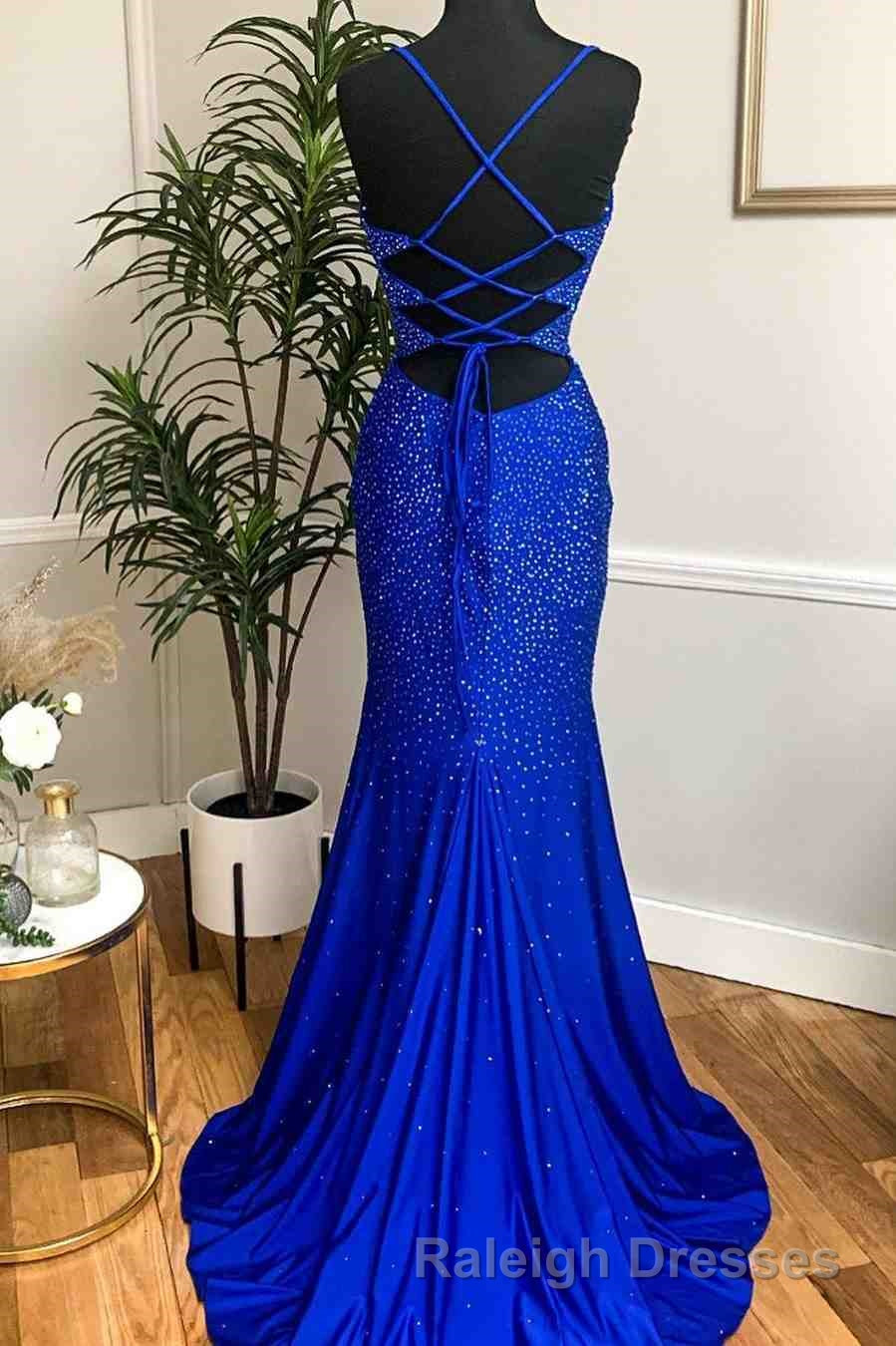Mermaid Long Red Prom Dresses with Rhinestones Royal Blue Bodycon Dress