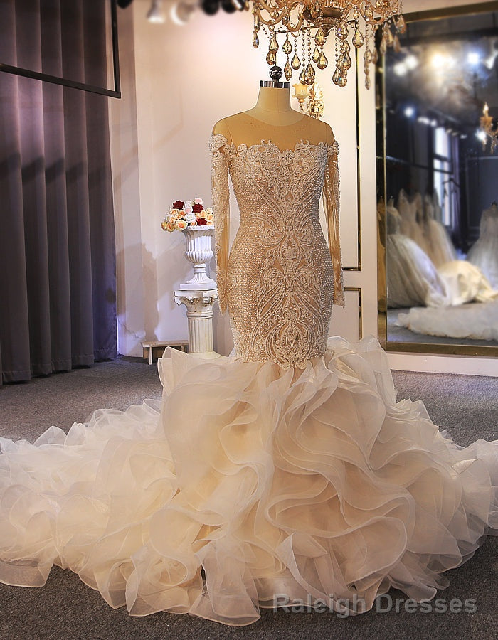 Mermaid Long Sleeve Appliques Beading Wedding Dress