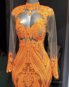 Mermaid Long Sleeve Orange Sequin Prom Dress
