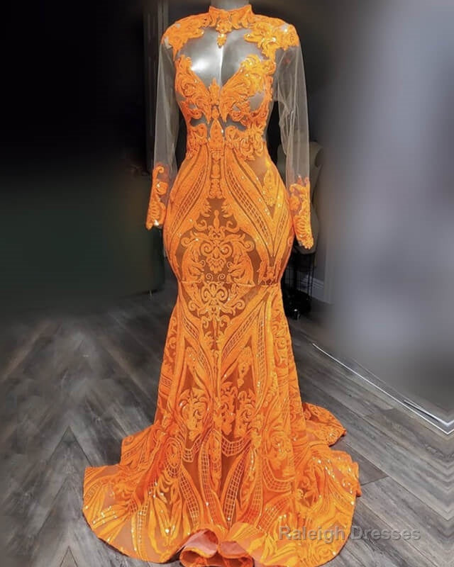Mermaid Long Sleeve Orange Sequin Prom Dress Main image