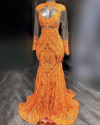 Mermaid Long Sleeve Orange Sequin Prom Dress