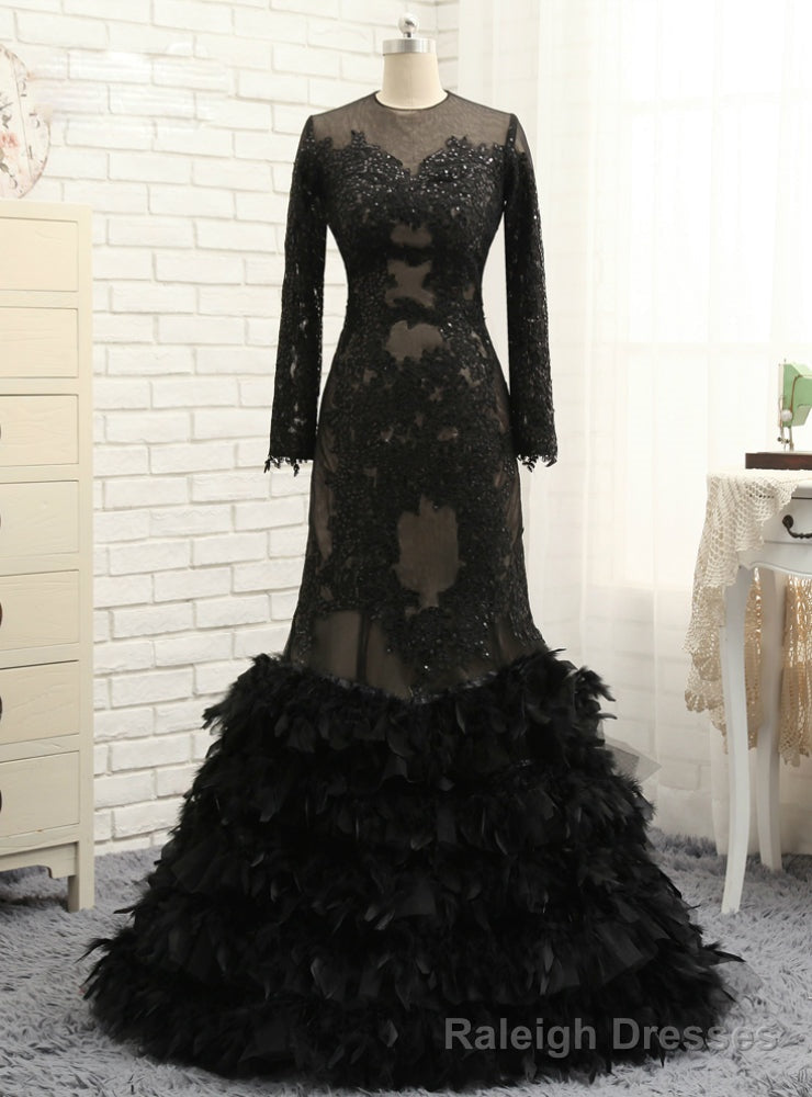 Mermaid Long Sleeves Appliques Feather See Through Sexy Long Prom Dresses Main image