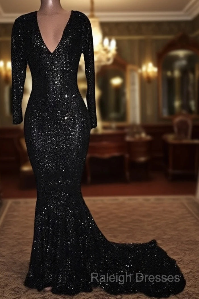 Mermaid Long-Sleeves Black Sequined Prom Dresses Main image
